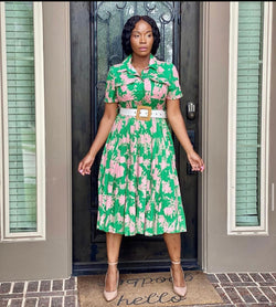 Alina Green Pink Pleated Short Sleeve Midi Dress With Belt