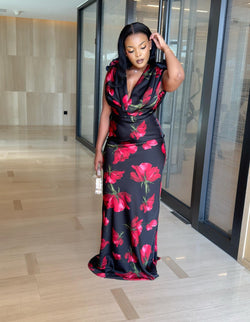 Azaria Satin Black & Red Floral Maxi Dress