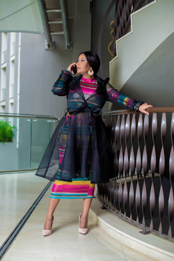 Reeta Black Side Tacking Waist Tie Mesh Coat